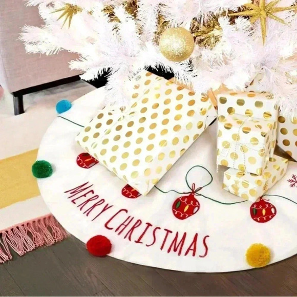 Cream White 32 Inches Christmas Tree Skirt Embroidery Colorful Bright Pompom - Picture 2 of 8